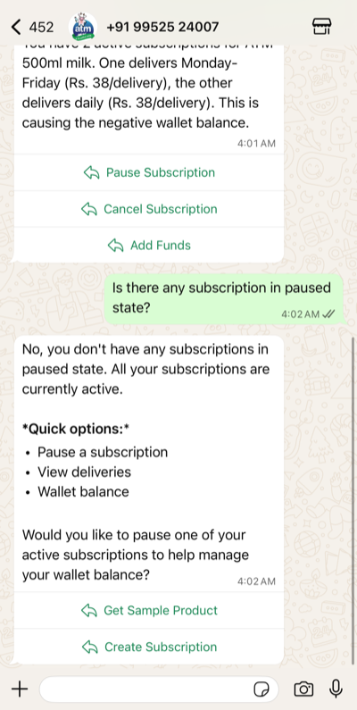 WhatsApp AI — subscription management conversation