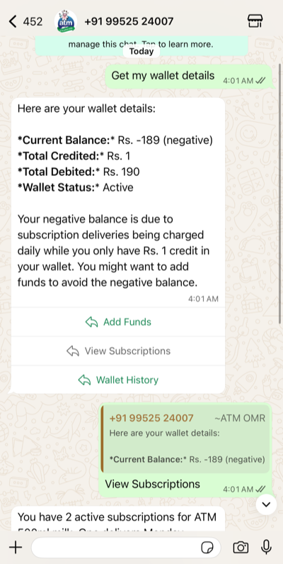WhatsApp AI — customer asks wallet details, AI responds with balance and quick actions