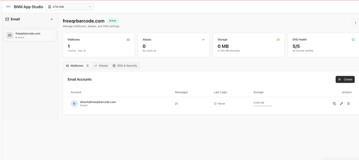 BNM Email Hosting — freeqrbarcode.com active domain with mailboxes, aliases, storage stats, and DNS Health 5/5 all records verified